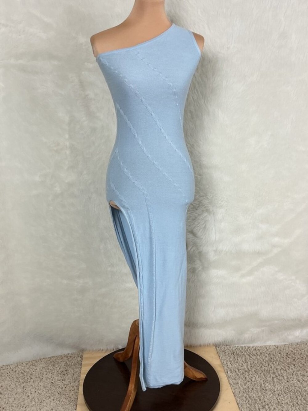 Elexiay Blue One Shoulder High Slit Cotton Cable Knit Bodycon Eve Maxi Dress S